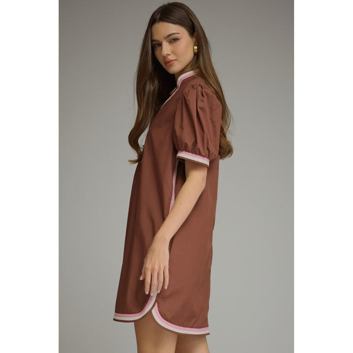 Model wearing the Entro Truffle Dress in Chocolate