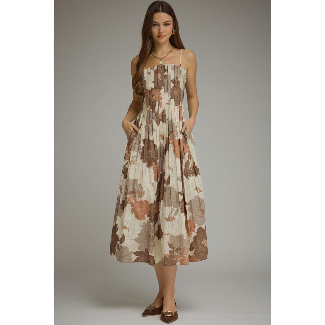 Model wearing the Entro Coco Bloom Dress in Mocha