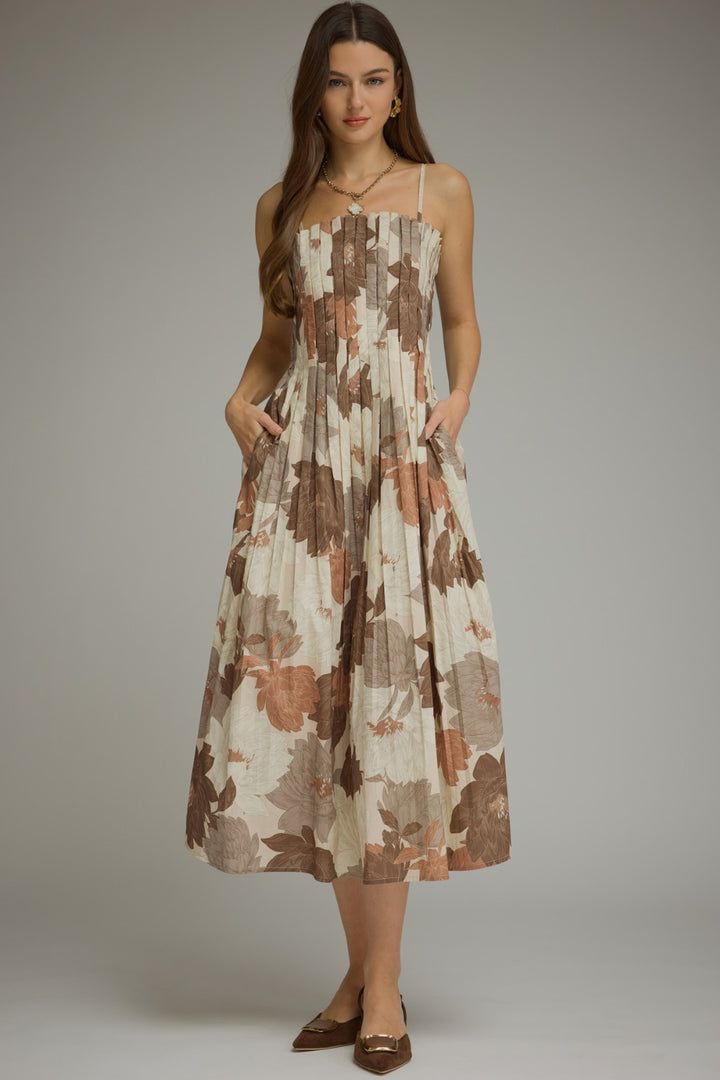 Model wearing the Entro Coco Bloom Dress in Mocha
