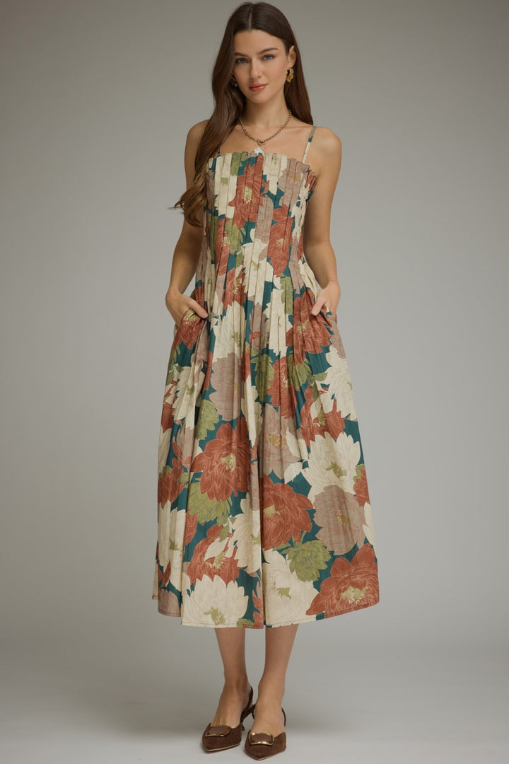 Model wearing the Entro Coco Bloom Dress in Mocha