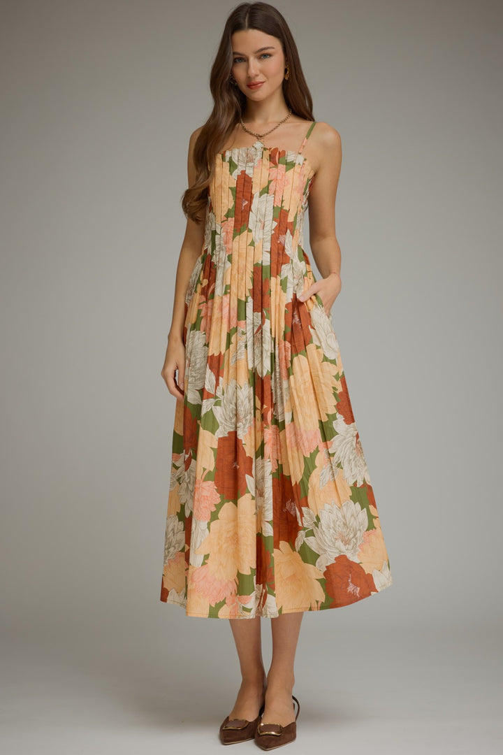 Model wearing the Entro Coco Bloom Dress in Mocha
