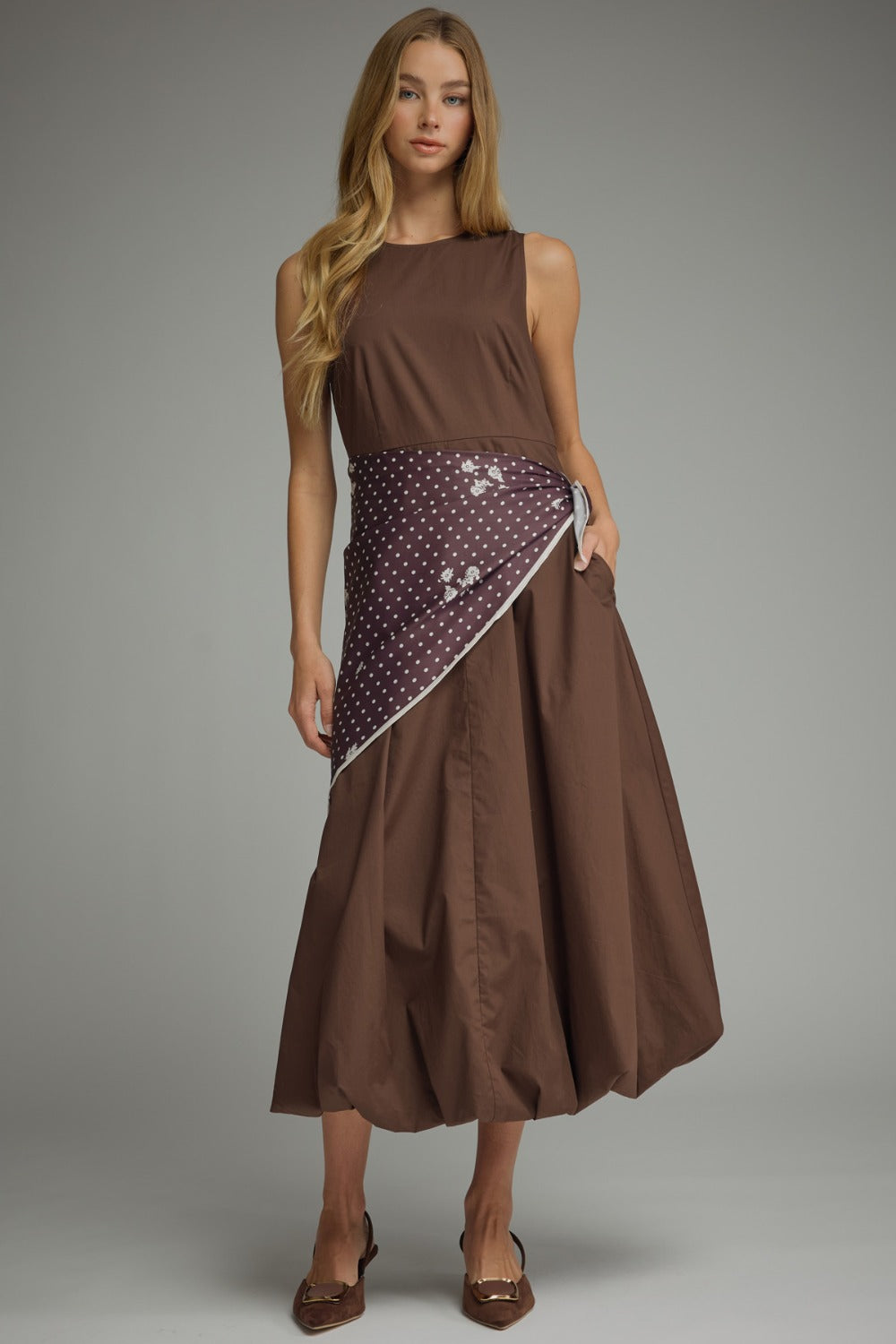 Model wearing the Entro Sage Dress in Olive