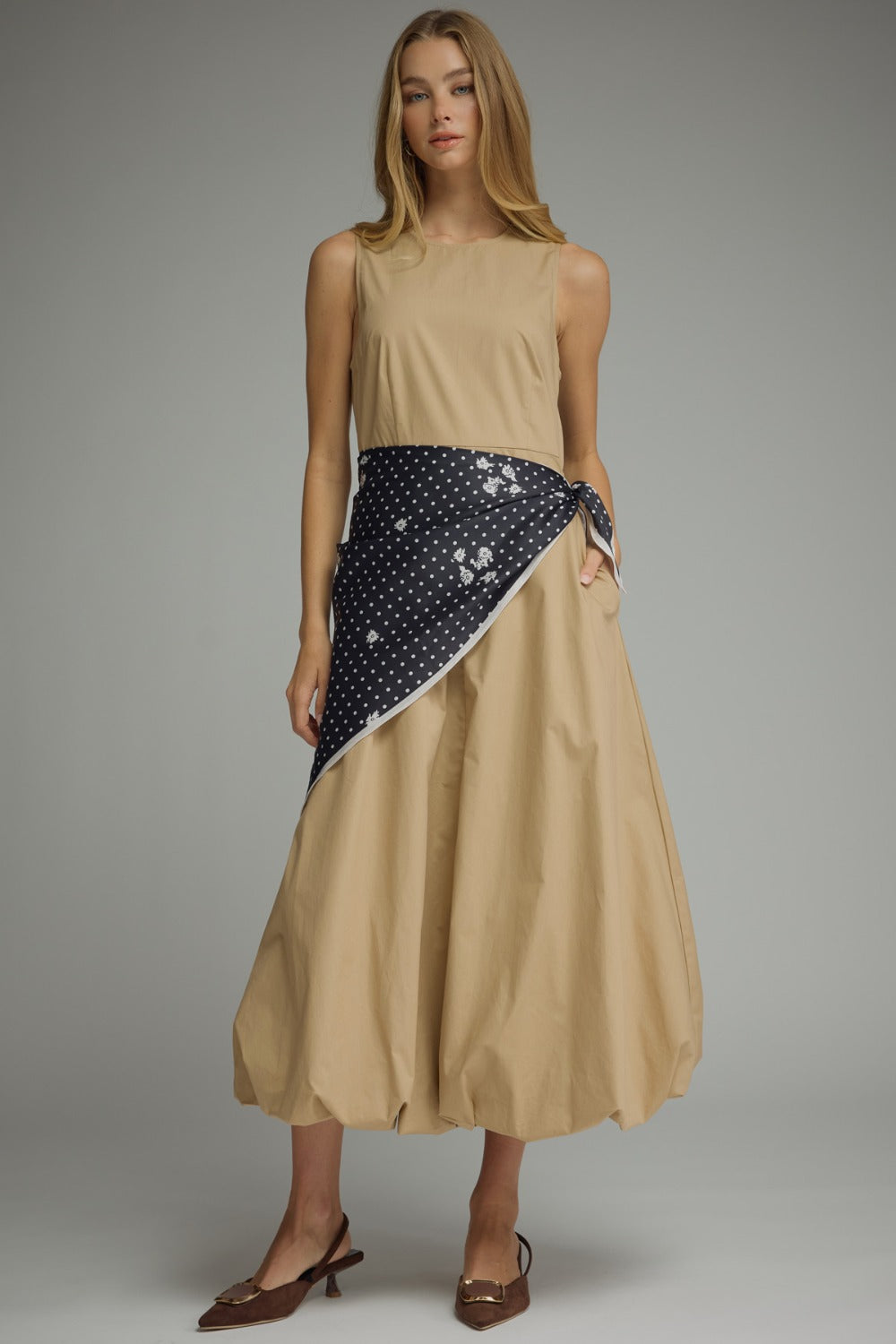 Model wearing the Entro Sage Dress in Olive