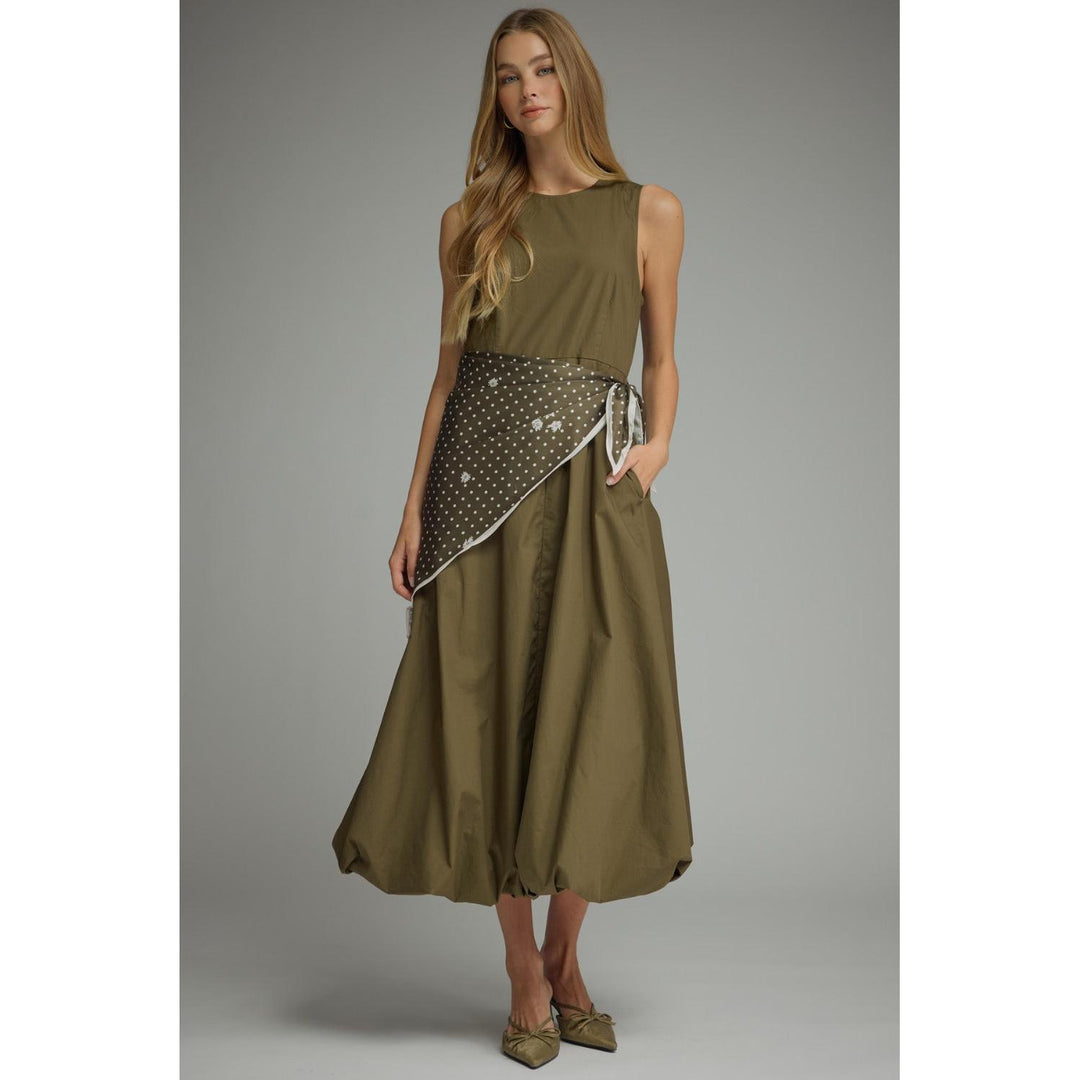 Model wearing the Entro Sage Dress in Olive