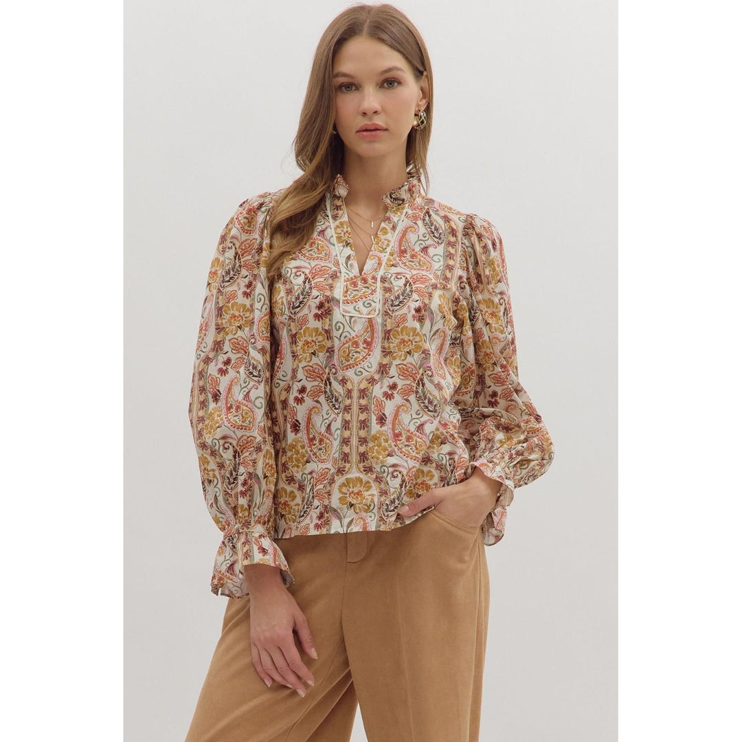 The Tessa Paisley Ruffle Neck Top