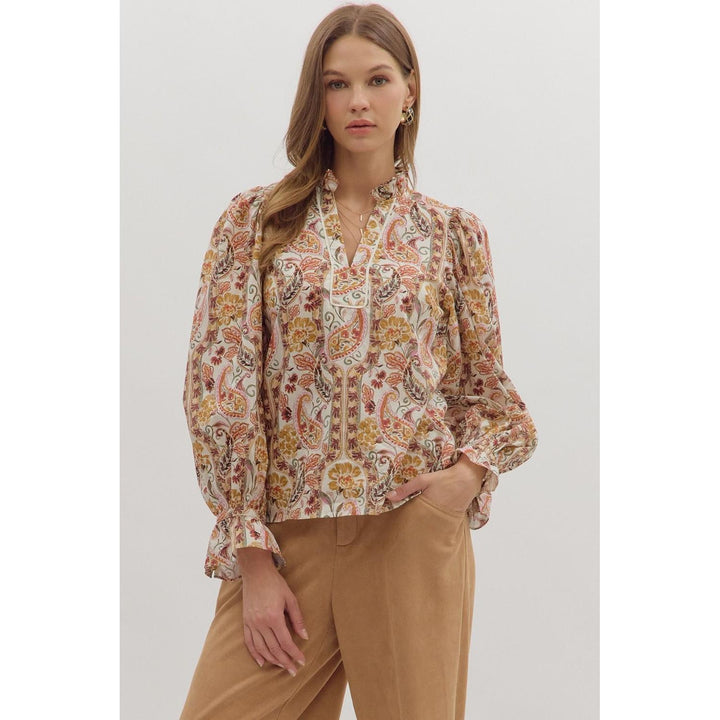 The Tessa Paisley Ruffle Neck Top