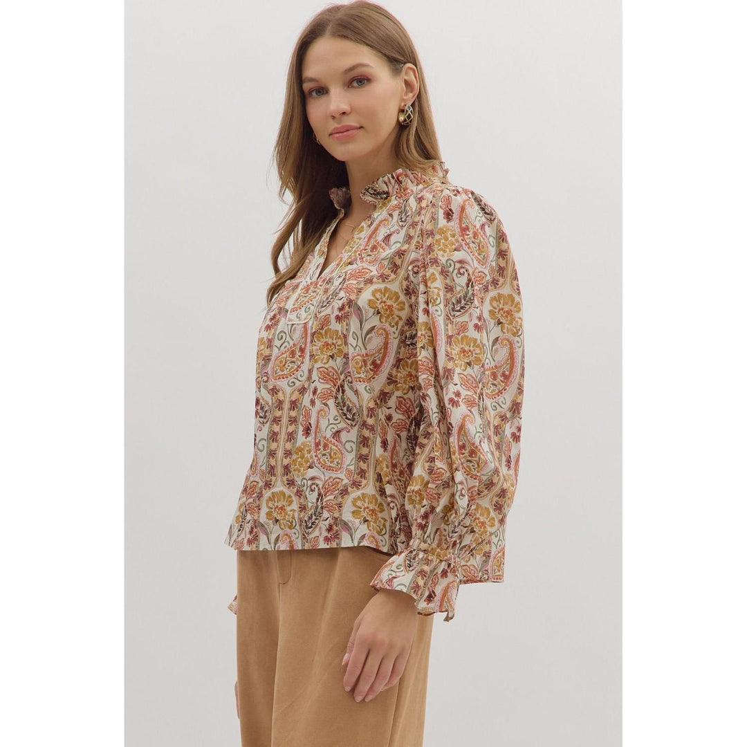 The Tessa Paisley Ruffle Neck Top