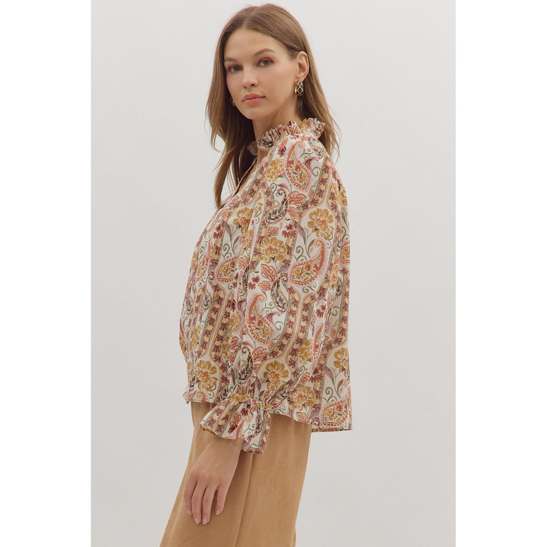 The Tessa Paisley Ruffle Neck Top