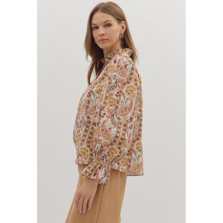 The Tessa Paisley Ruffle Neck Top