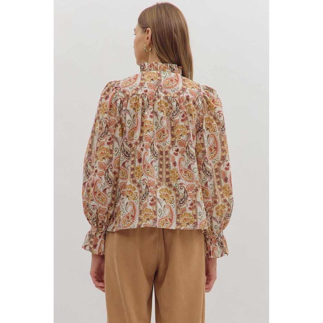 The Tessa Paisley Ruffle Neck Top