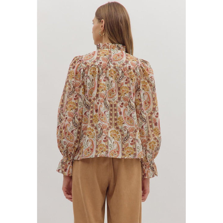The Tessa Paisley Ruffle Neck Top