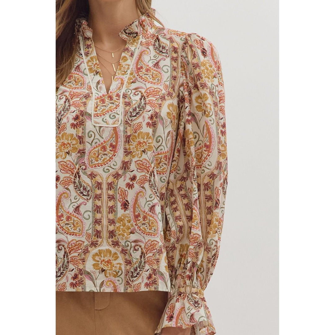 The Tessa Paisley Ruffle Neck Top