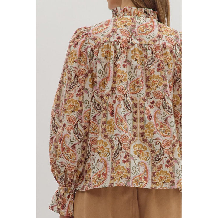 The Tessa Paisley Ruffle Neck Top