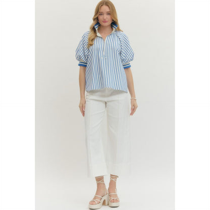 The Mallory Striped Half-Zip Top - Blue & White Puff Sleeve