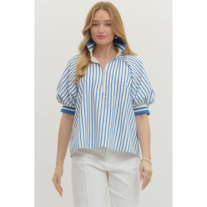 Entro Mallory striped top with puff sleeves and half-zip detail
