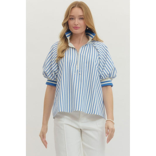 Entro Mallory striped top with puff sleeves and half-zip detail