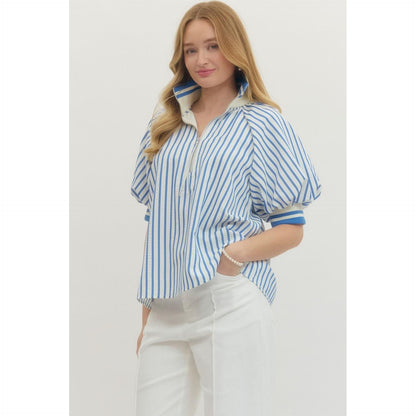 The Mallory Striped Half-Zip Top - Blue & White Puff Sleeve