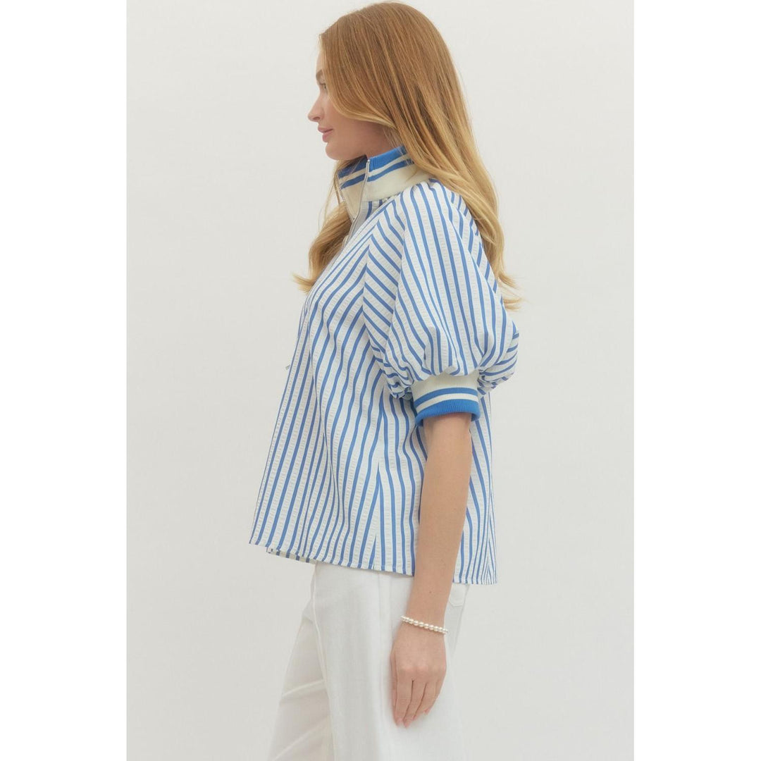 The Mallory Striped Half-Zip Top - Blue &amp; White Puff Sleeve