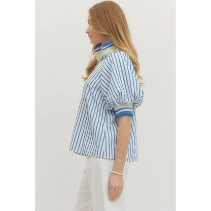 The Mallory Striped Half-Zip Top - Blue & White Puff Sleeve