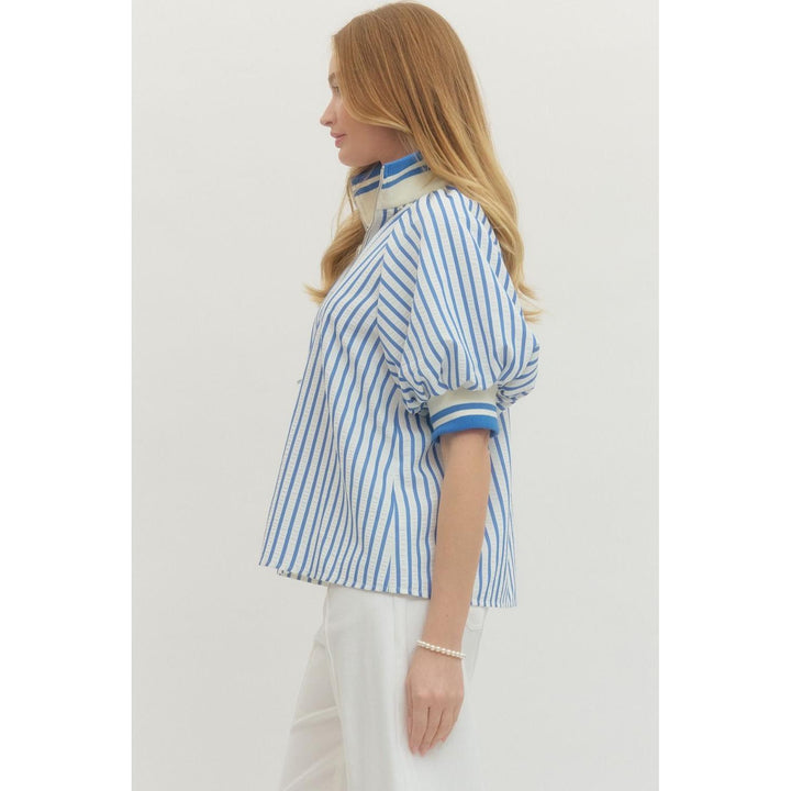 The Mallory Striped Half-Zip Top - Blue &amp; White Puff Sleeve