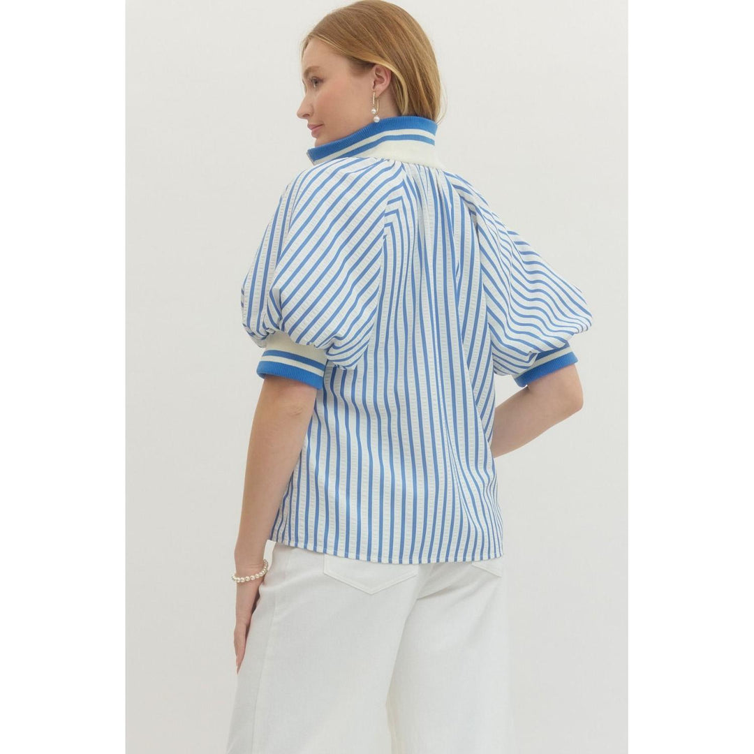 The Mallory Striped Half-Zip Top - Blue &amp; White Puff Sleeve