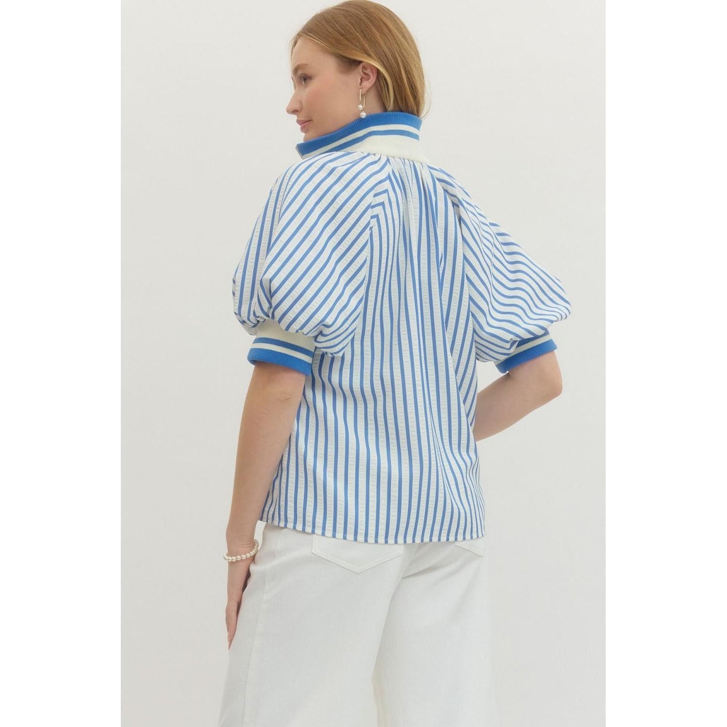 The Mallory Striped Half-Zip Top - Blue & White Puff Sleeve