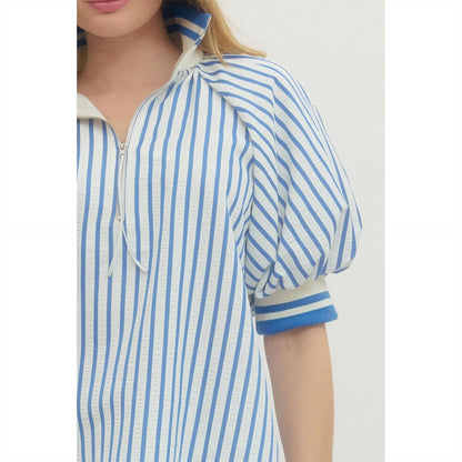 The Mallory Striped Half-Zip Top - Blue & White Puff Sleeve