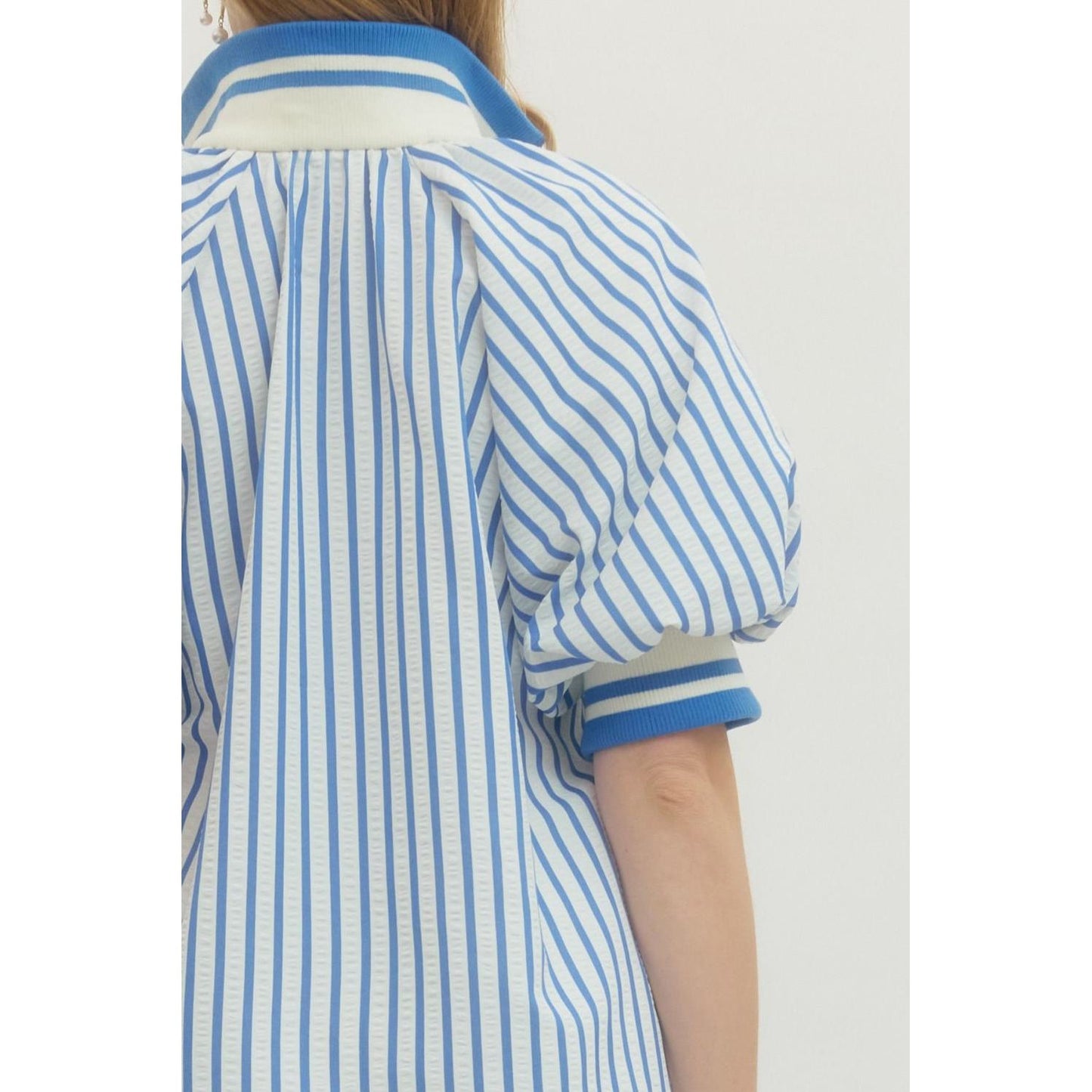 The Mallory Striped Half-Zip Top - Blue & White Puff Sleeve
