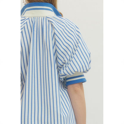 The Mallory Striped Half-Zip Top - Blue & White Puff Sleeve