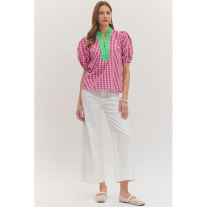 Entro "Chloe" top in hot pink gingham; features short puff sleeves and a ruffled V-neck collar.