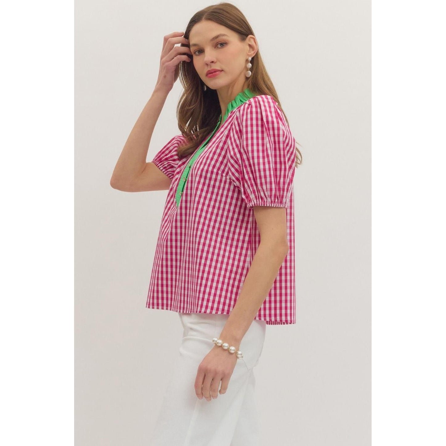 The Chloe Gingham Short Puff Sleeve Top