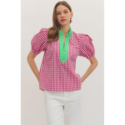The Chloe Gingham Short Puff Sleeve Top