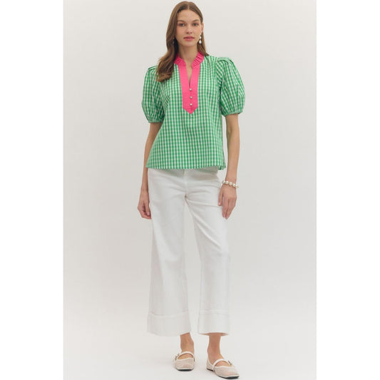 The Piper Gingham Short Puff Sleeve Top