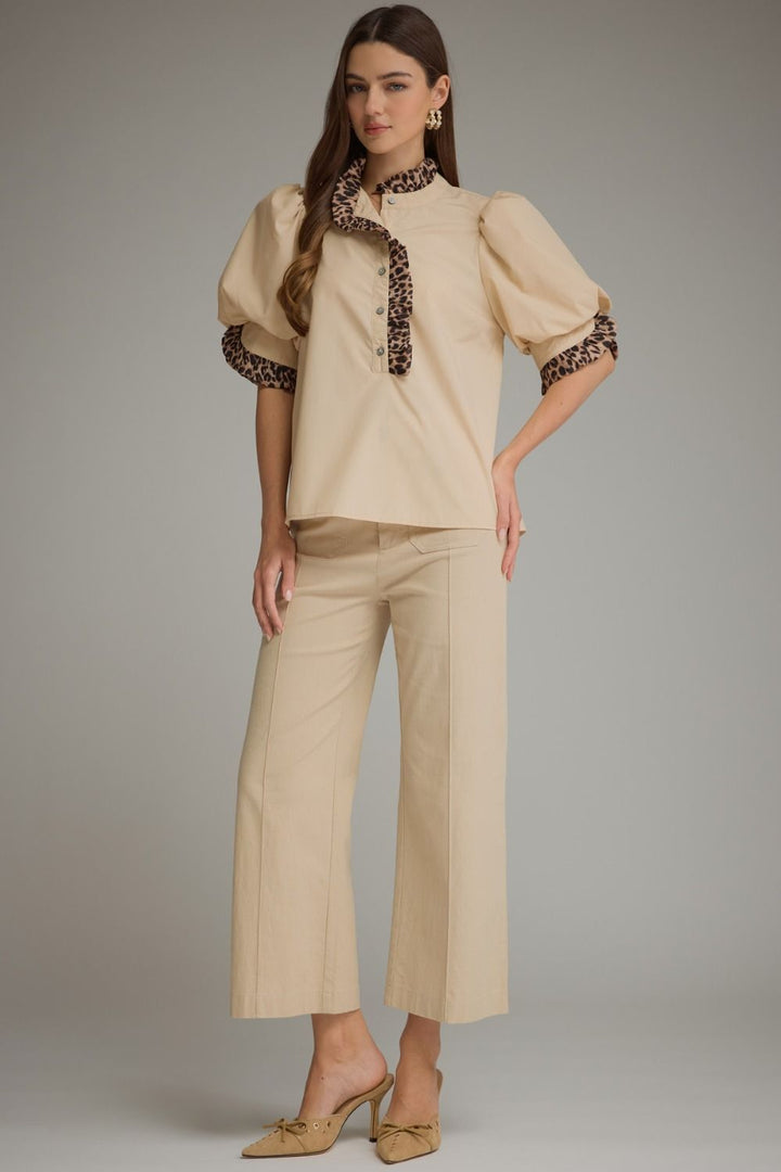 Entro Birch Top in Tan featuring a mock neckline, short sleeves, and an effortless silhouette.