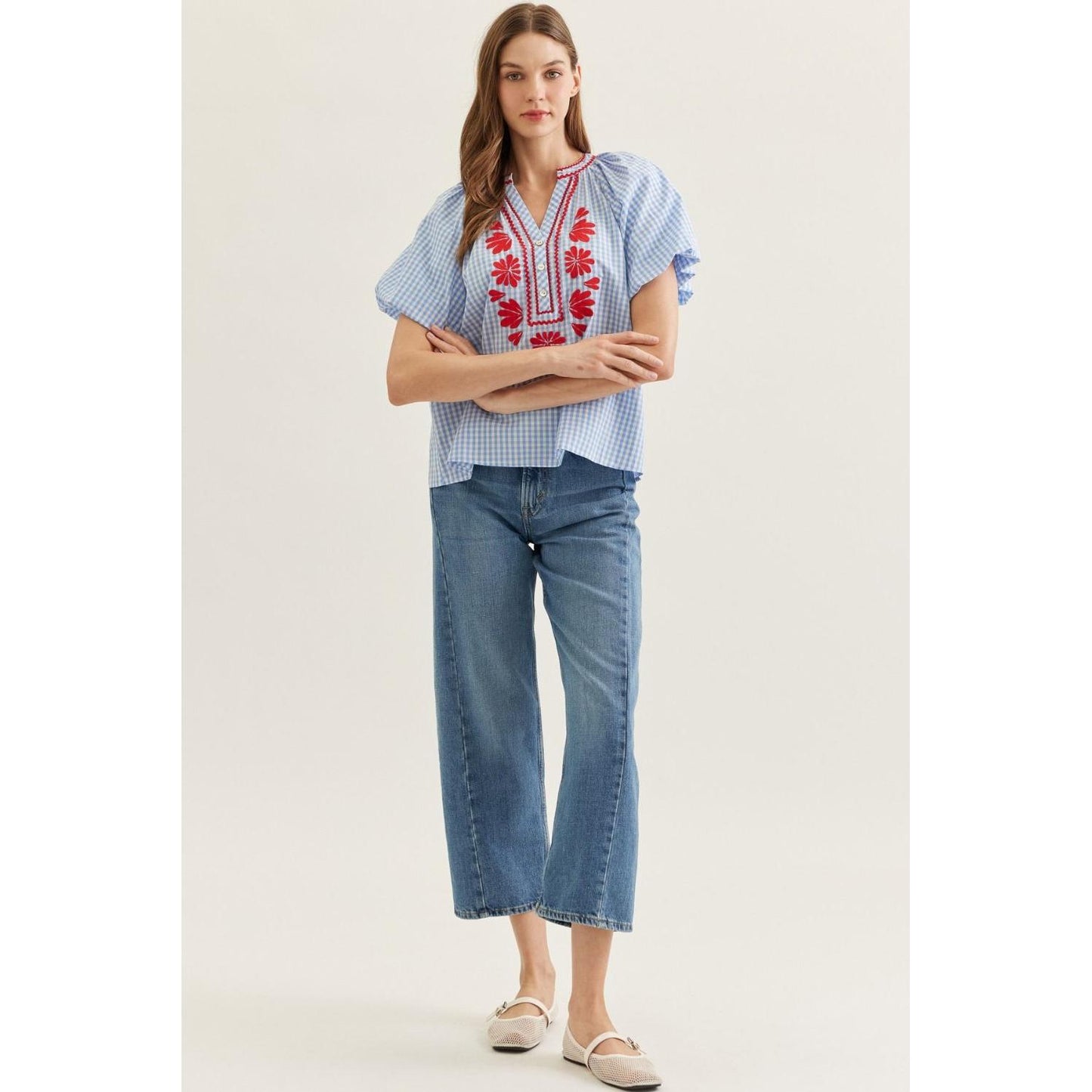 The Tessa Blue Plaid Flutter Sleeve Top