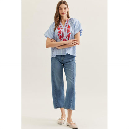 The Tessa Blue Plaid Flutter Sleeve Top