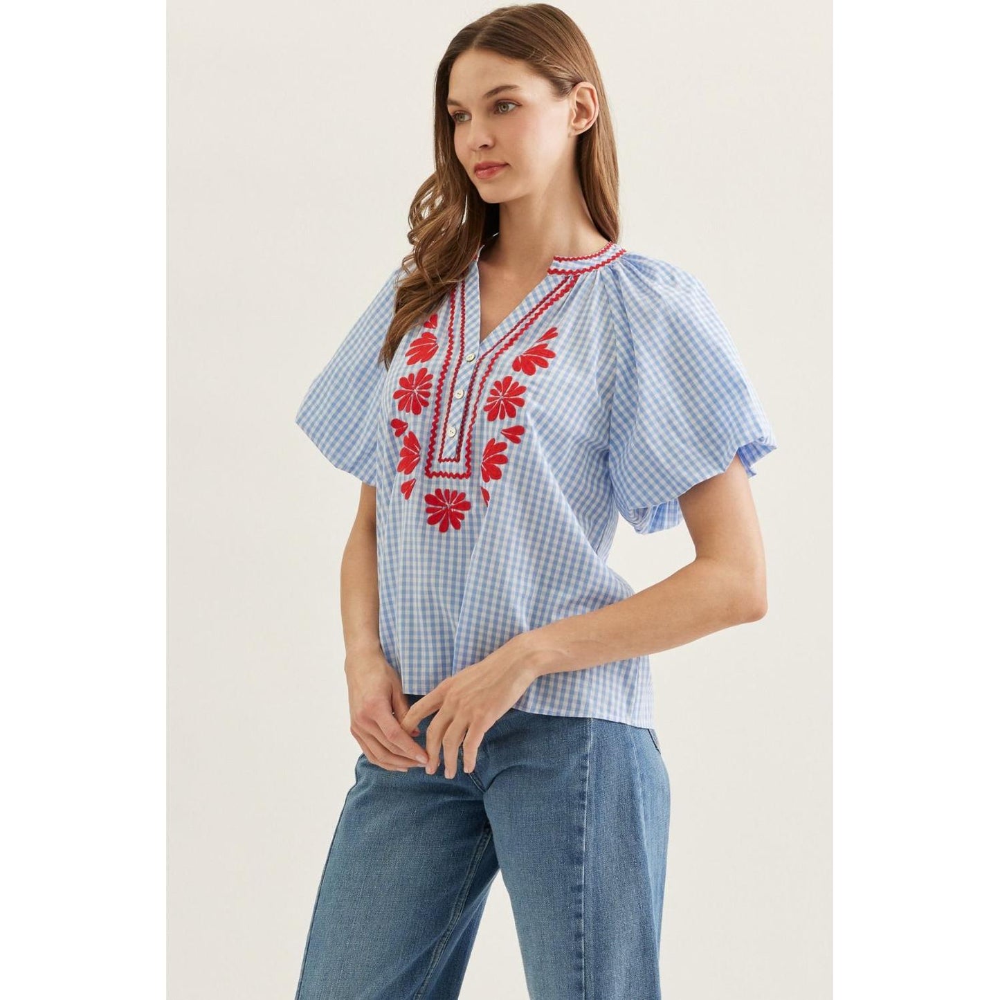 The Tessa Blue Plaid Flutter Sleeve Top