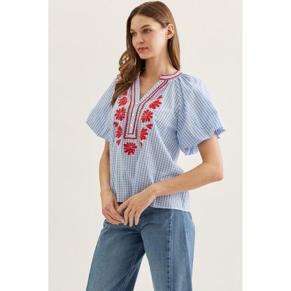 The Tessa Blue Plaid Flutter Sleeve Top