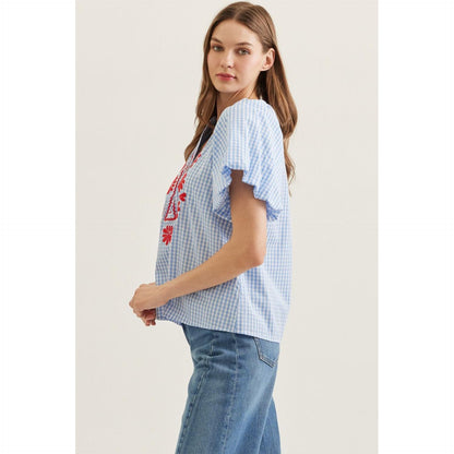 The Tessa Blue Plaid Flutter Sleeve Top