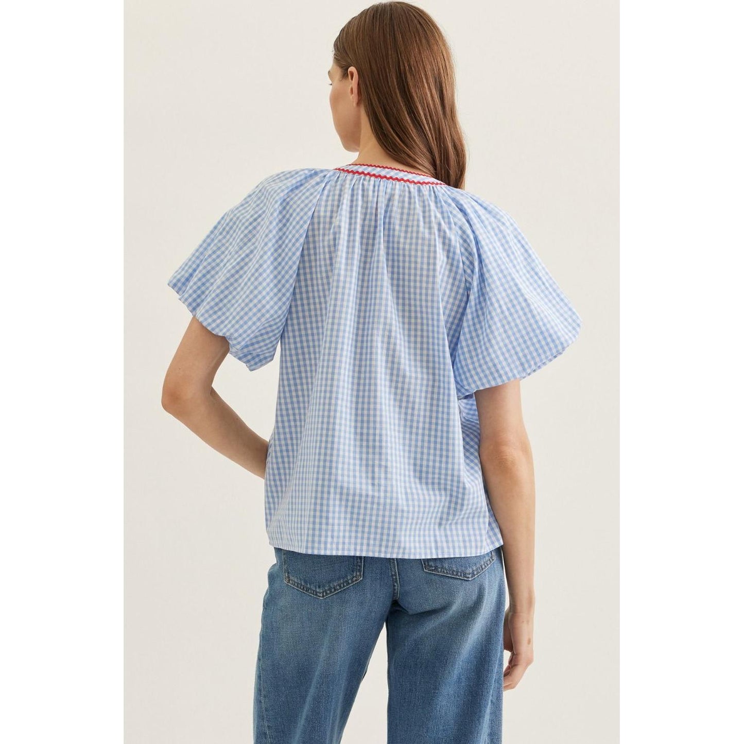 The Tessa Blue Plaid Flutter Sleeve Top