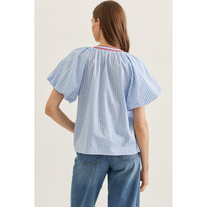 The Tessa Blue Plaid Flutter Sleeve Top