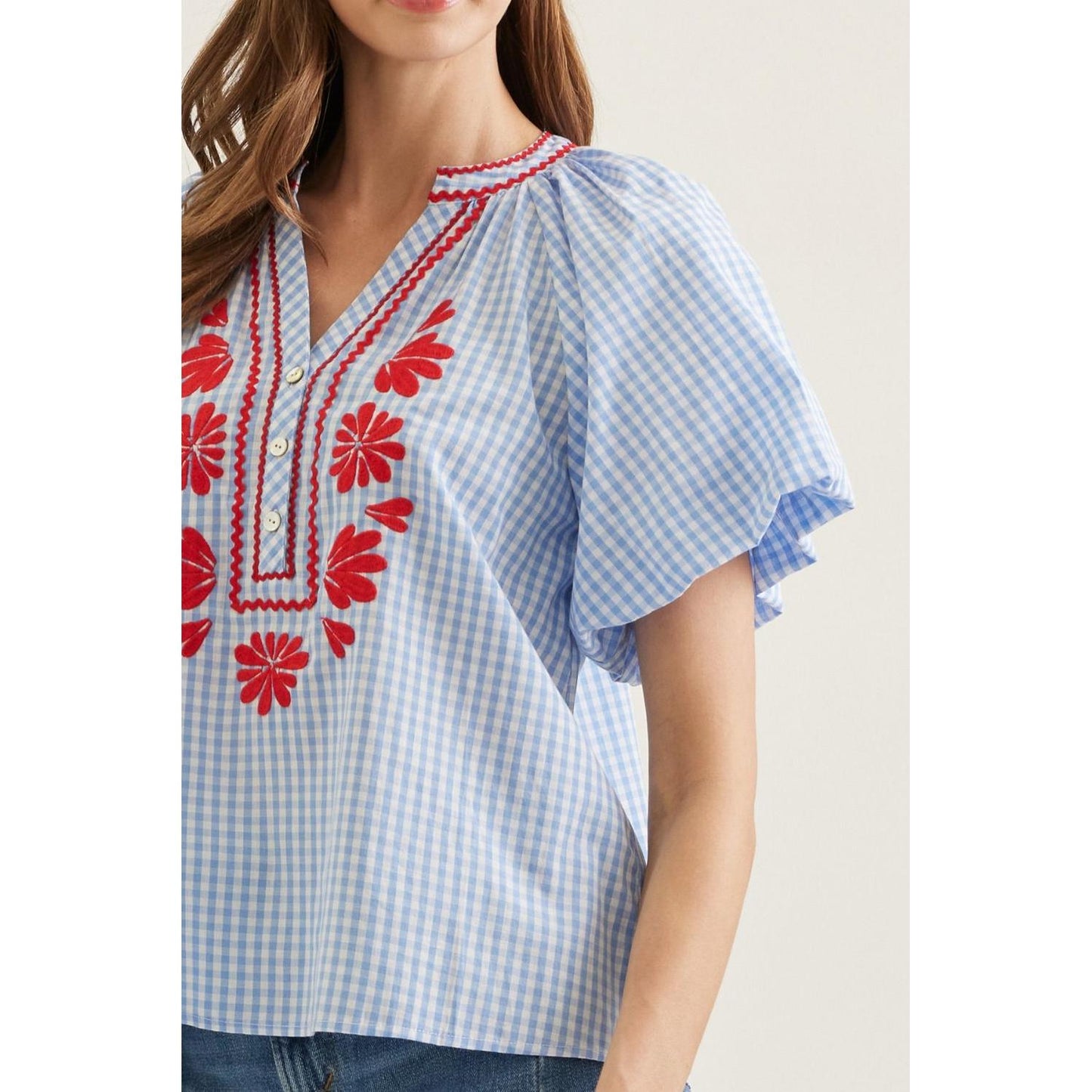 The Tessa Blue Plaid Flutter Sleeve Top