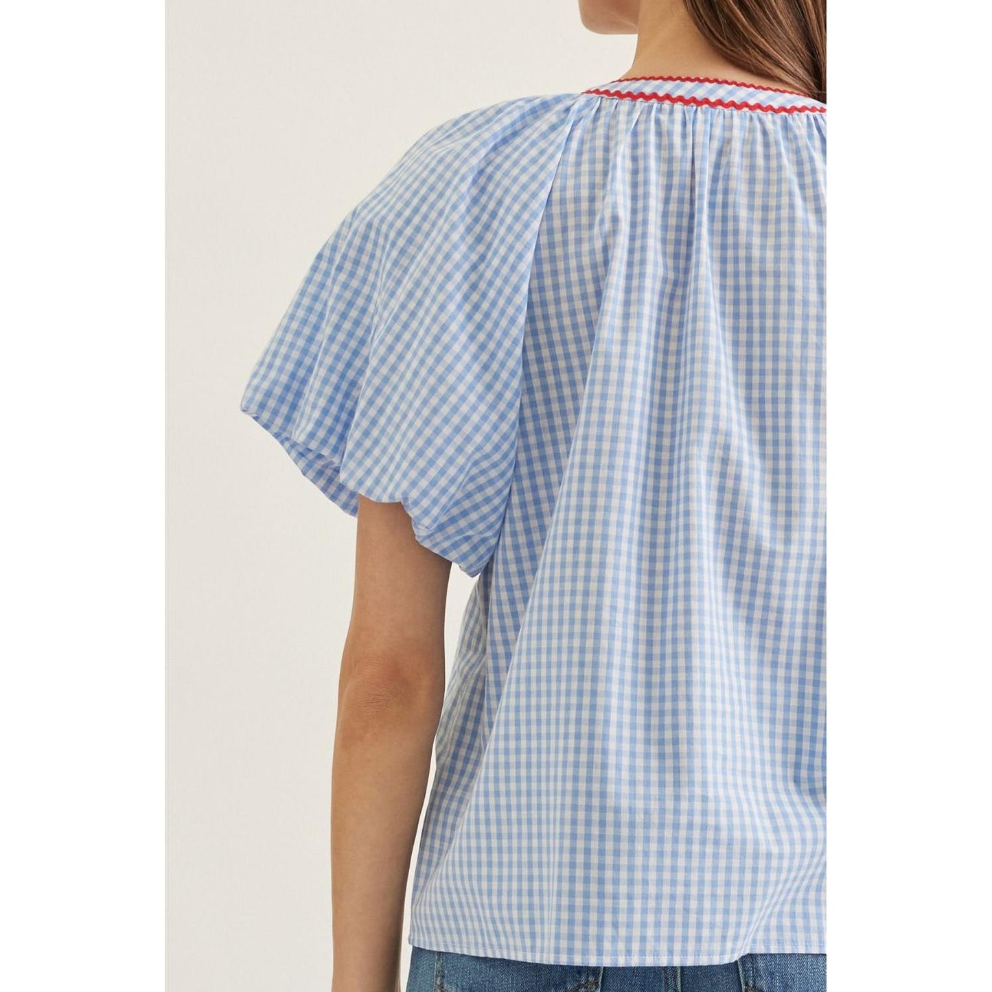 The Tessa Blue Plaid Flutter Sleeve Top