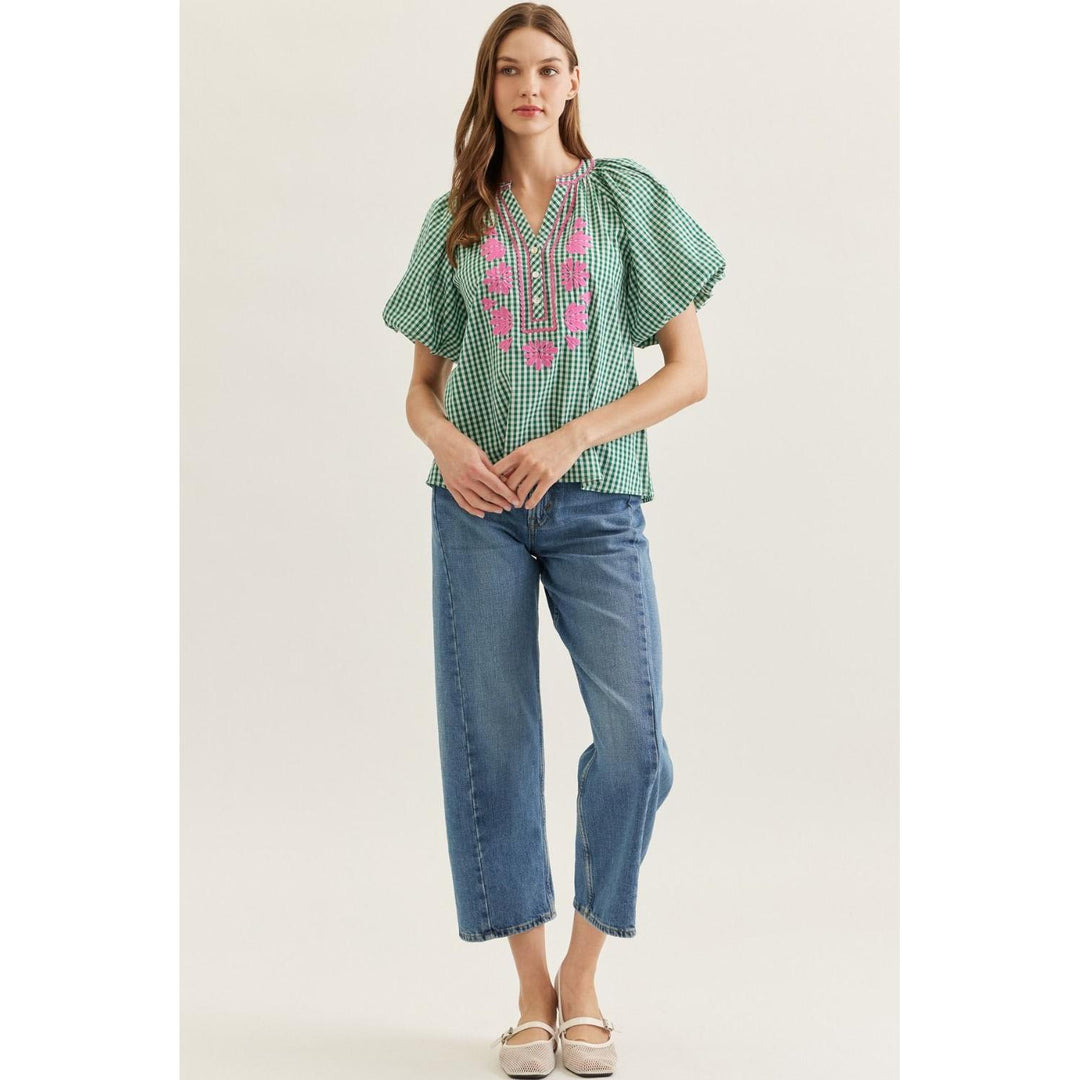 The Tessa Green Plaid Flutter Sleeve Top