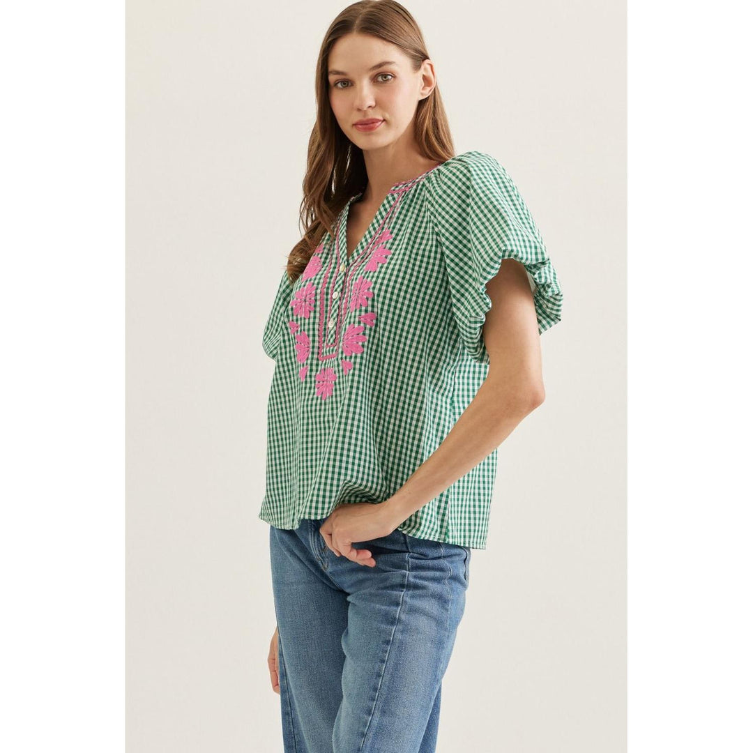 The Tessa Green Plaid Flutter Sleeve Top