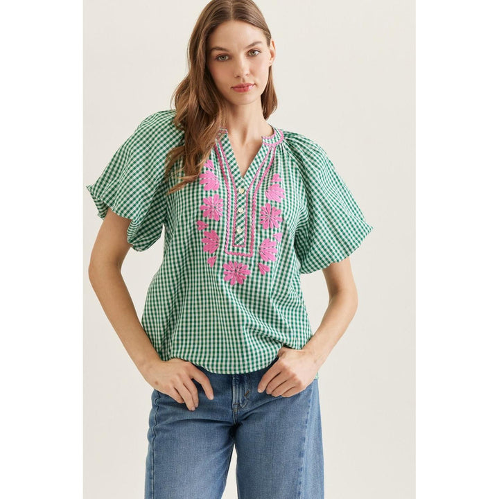 The Tessa Green Plaid Flutter Sleeve Top