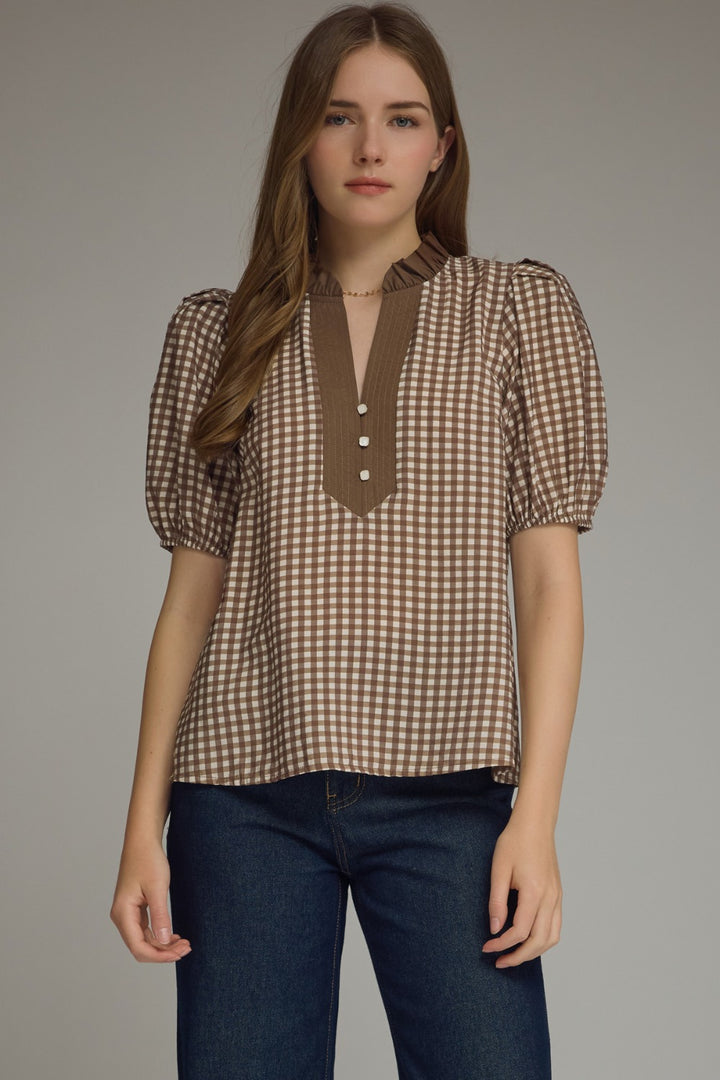 Model wearing the Entro Cherry Blossom Top in Red Bean