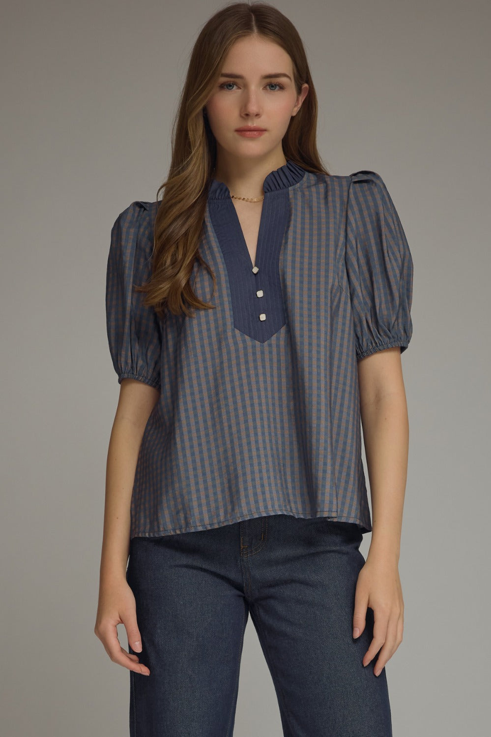 Model wearing the Entro Cherry Blossom Top in Red Bean