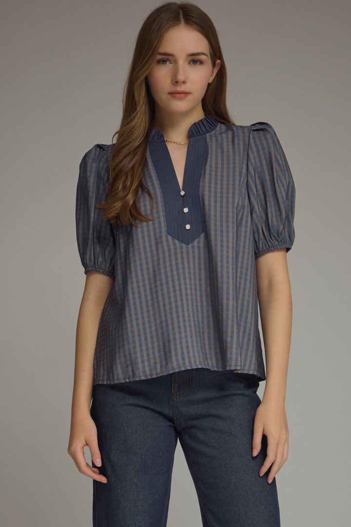 Model wearing the Entro Cherry Blossom Top in Red Bean