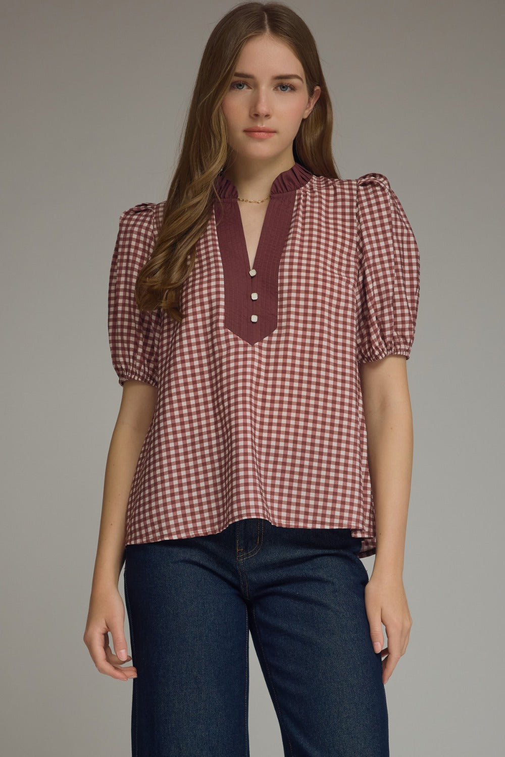Model wearing the Entro Cherry Blossom Top in Red Bean